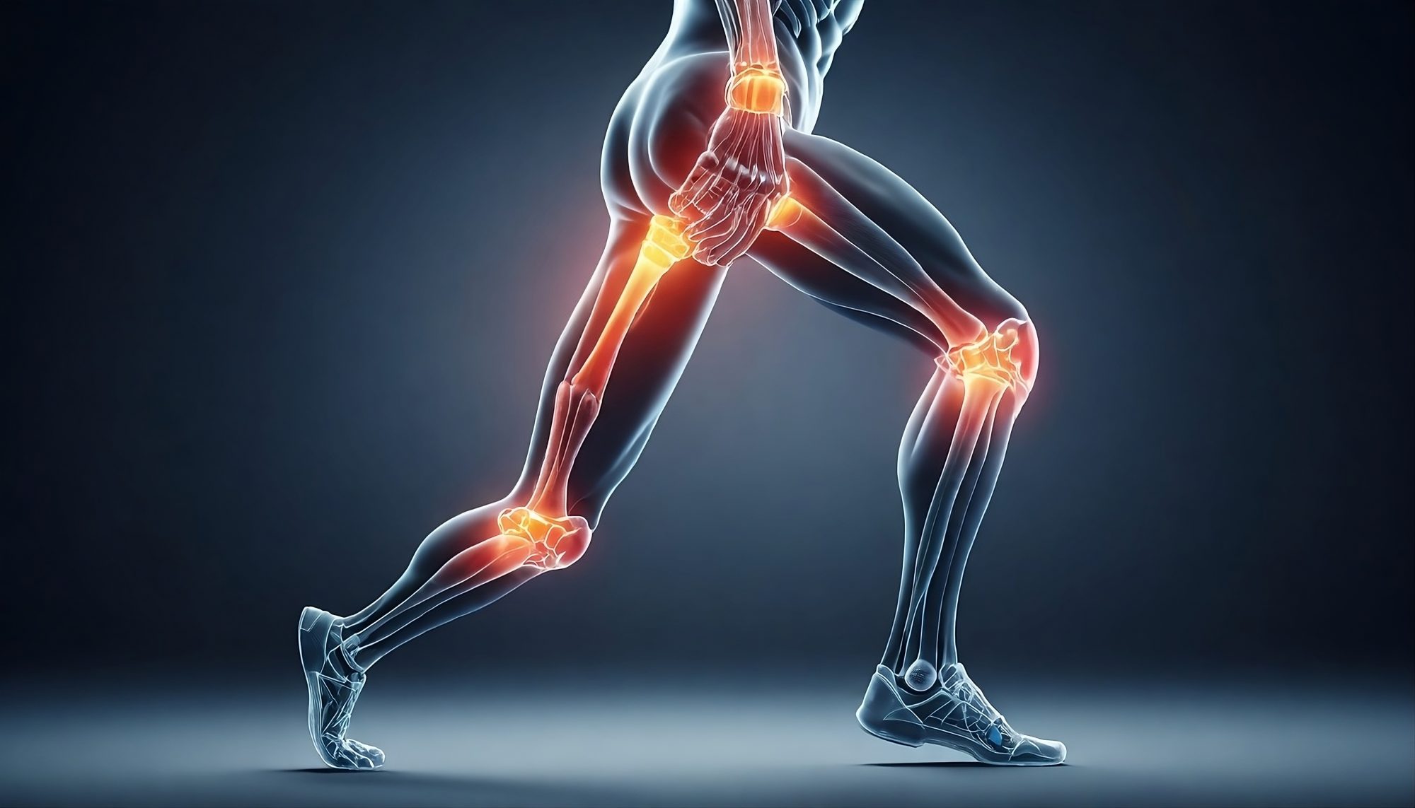 A transparent human figure running with highlighted knee and hip joints