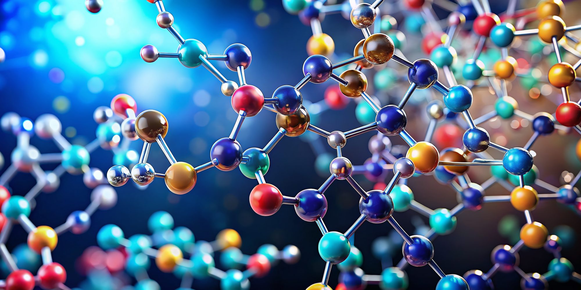 A vibrant molecular structure with colorful atoms against a blue background