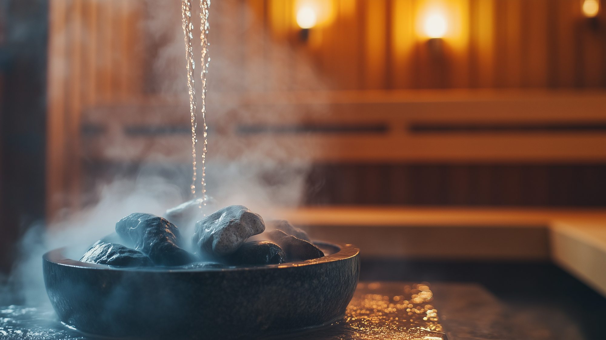 Water being poured over hot sauna stones in a traditional Finnish sauna.