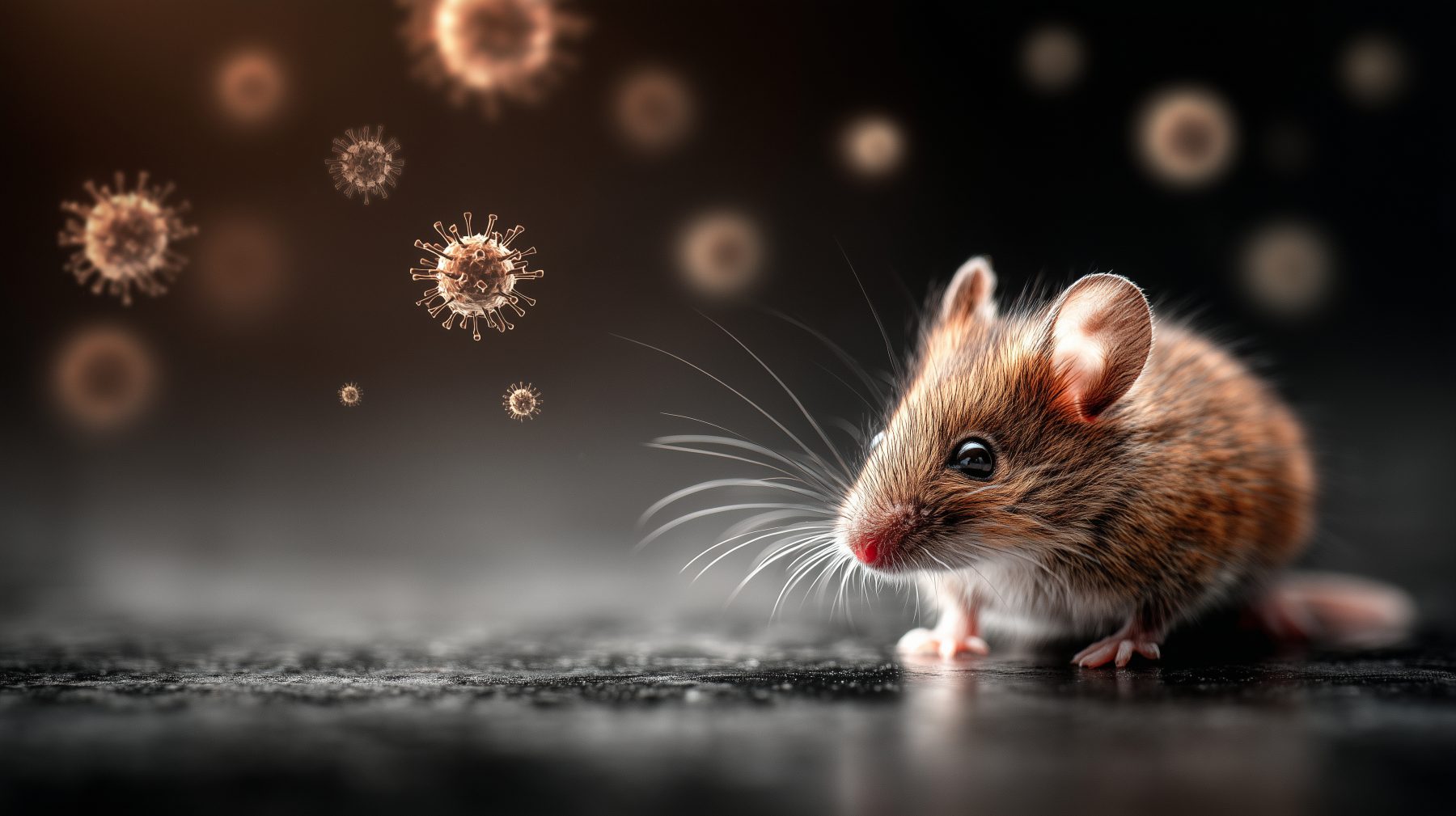 Close-up of a small brown mouse sniffing the surface as orange virus-like particles drift in a dark background.