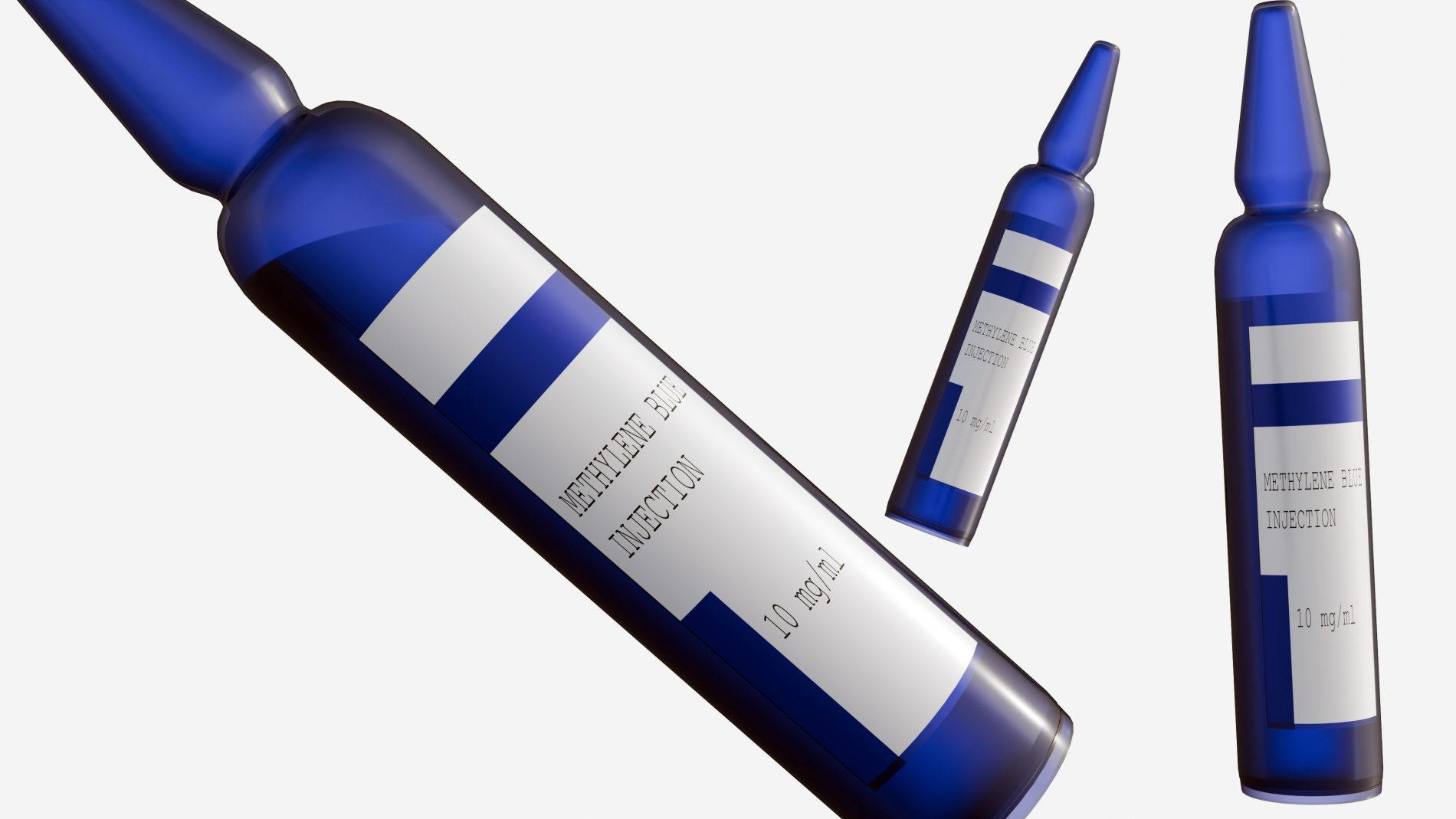 Blue glass injection ampoules labeled 'Methylene Blue Injection' floating diagonally against a light background.